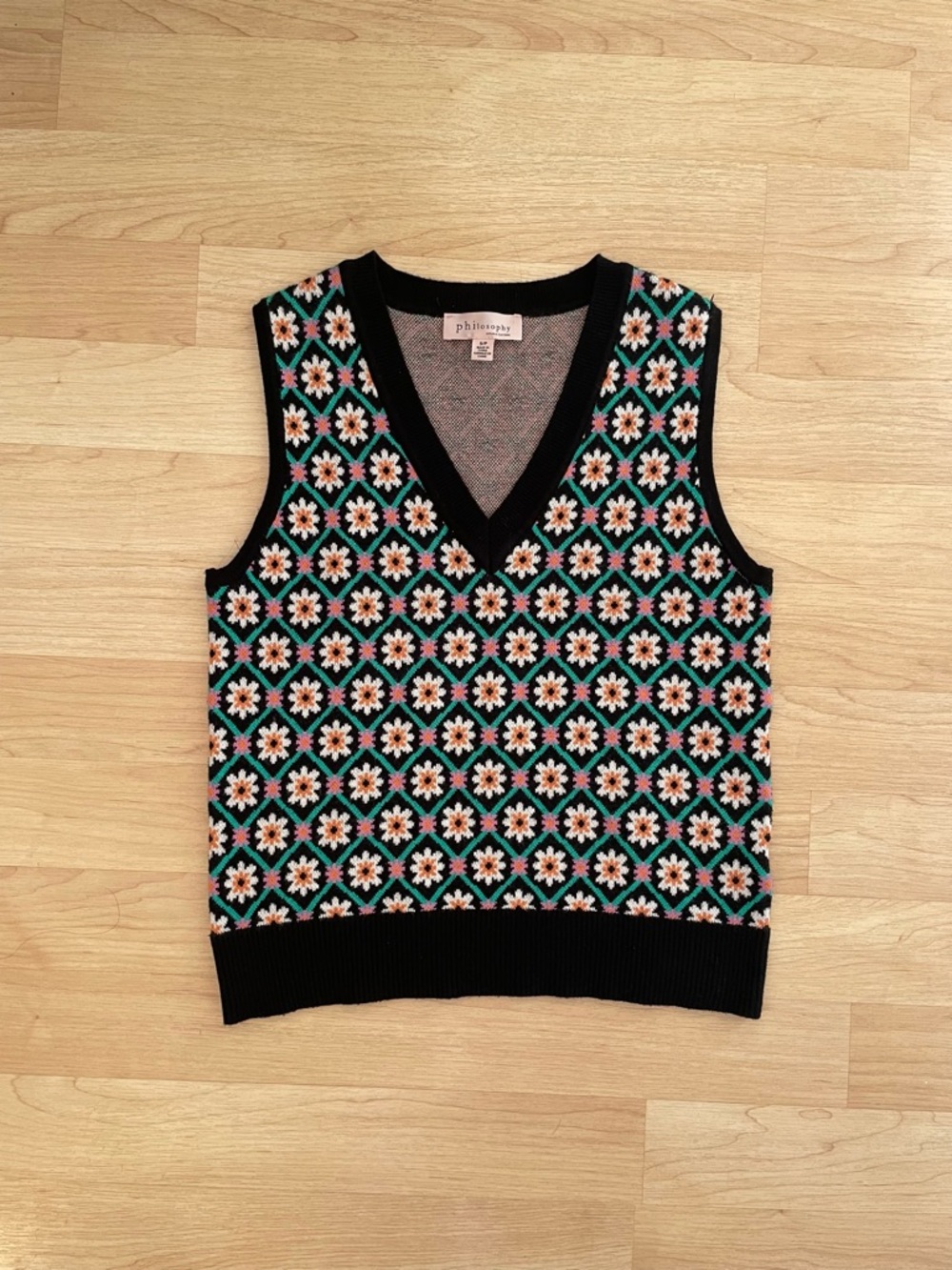 Philosophy Pink, Green, Orange Floral V-Neck Sweater Vest indie preppy